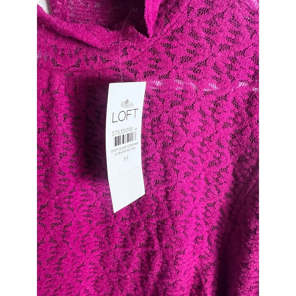 LOFT Fuchsia Magenta Textured Top Size Medium Mock Neck Long Sleeve Boho NEW